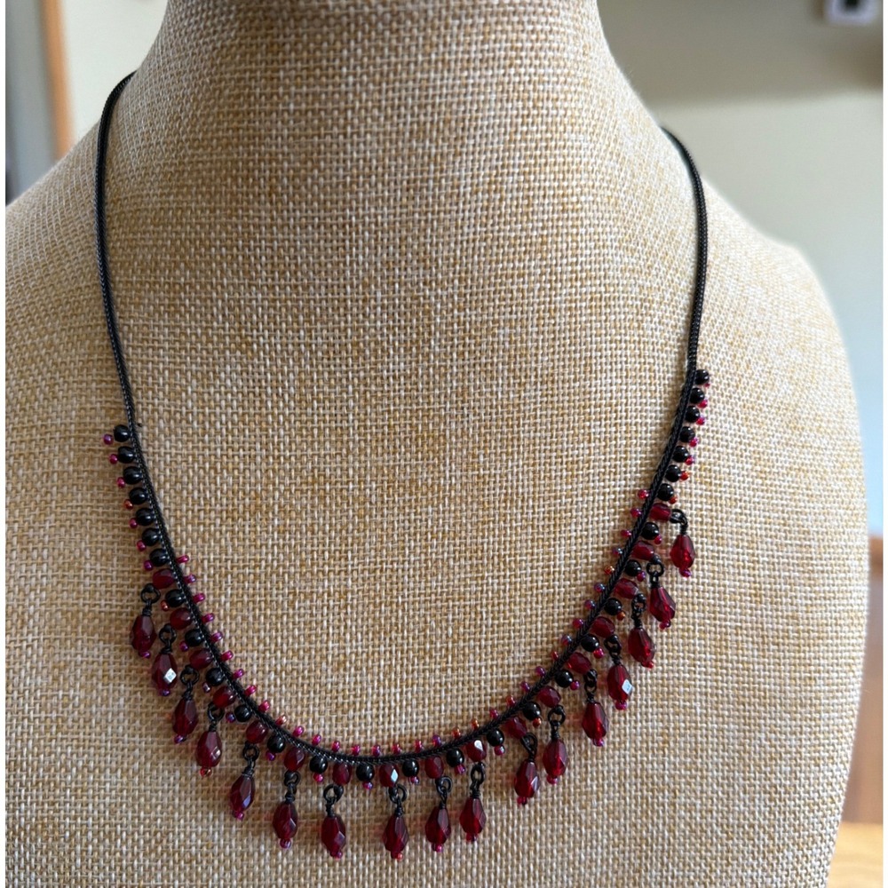 1928 Jewelry Red Faceted Teardrop Bead Black Tone Bib Fringe Necklace Whimisgoth
